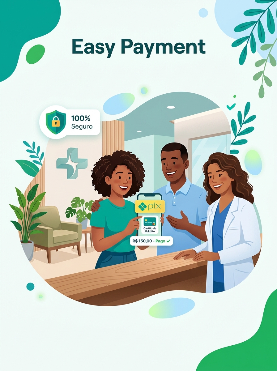 Tela do app Saúde Livre mostrando o pagamento de uma consulta via Pix ou cartão